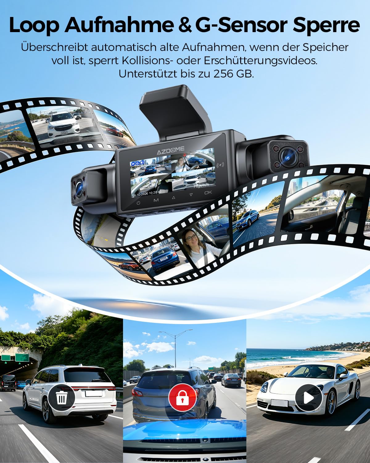 AZDOME Dashcam Auto 4 Kanal 360 Grad Dashcam mit Apple Find My (nur iOS), 5.8GHz WiFi, 64-GB-Karte, 2.5K+3 * 1080P Dashcam, IR Nachtsicht, Parkmodus, Erinnerung bei Müdigkeit am Steuer(M350)