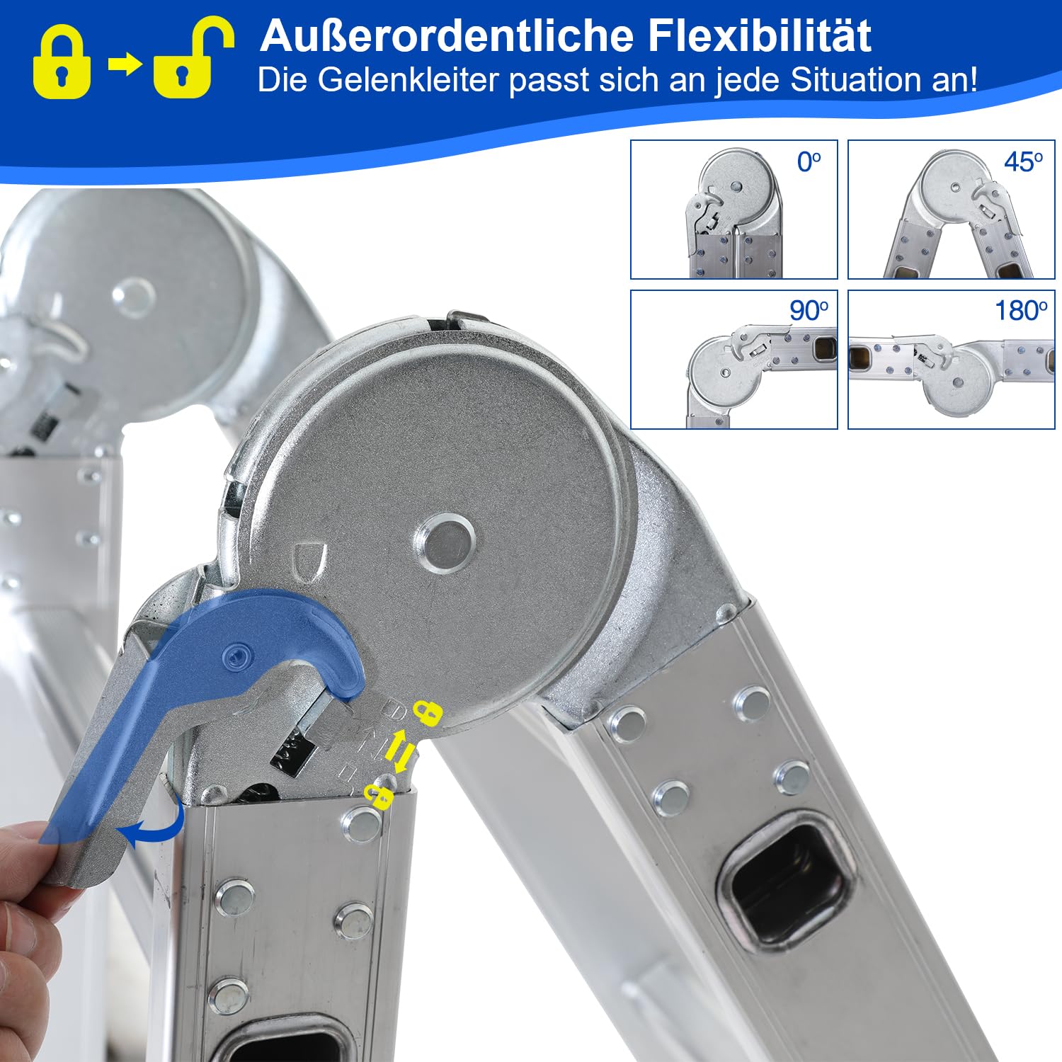 drabina wielofunkcyjna 7 w 1, 4 x 4 stopnie, 4,7 m, aluminiowa drabina wielofunkcyjna 7 w 1, do 150 kg, wielofunkcyjna drabina z 2 rolkami transportowymi i 2 platformami, składana drabina