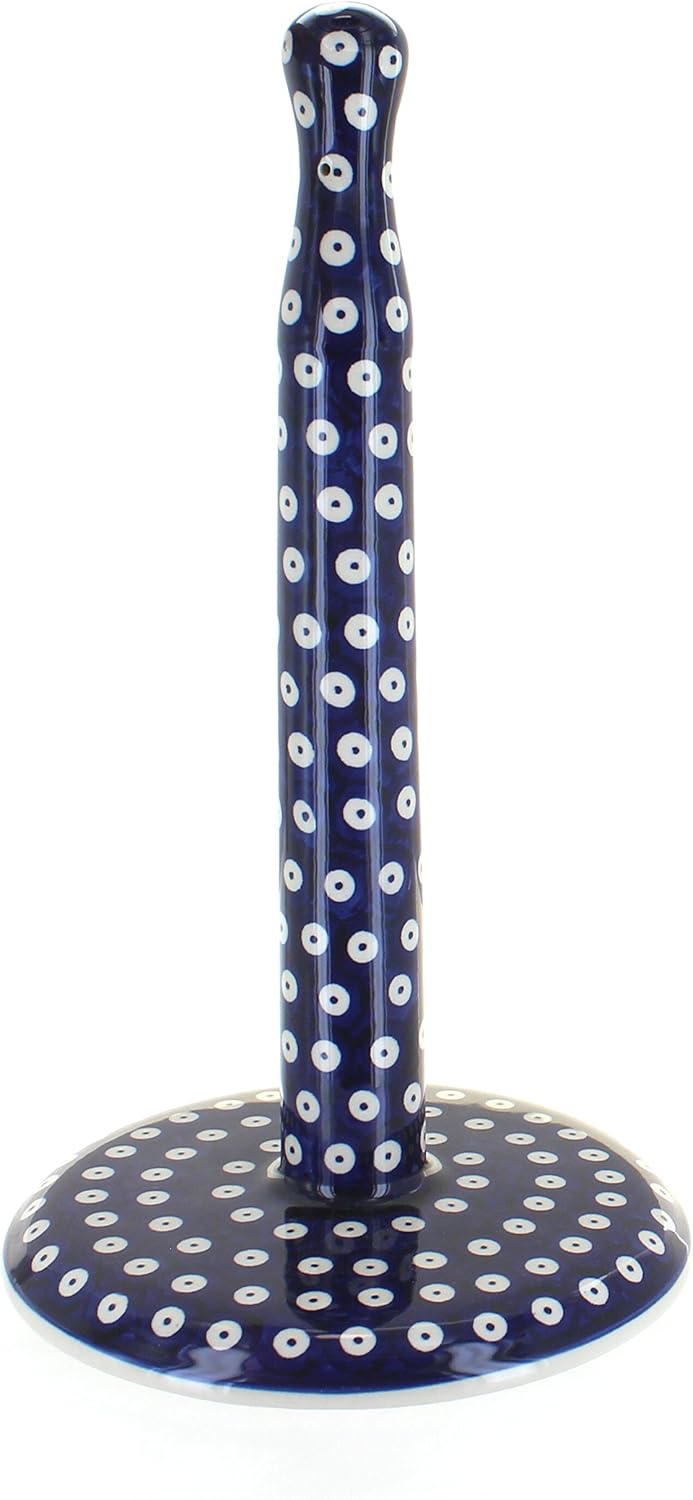 Blue Rose Polish Pottery - Blue Dots Paper Towel Holder - 14" Tall - Perfect Countertop Storage for Paper Towels