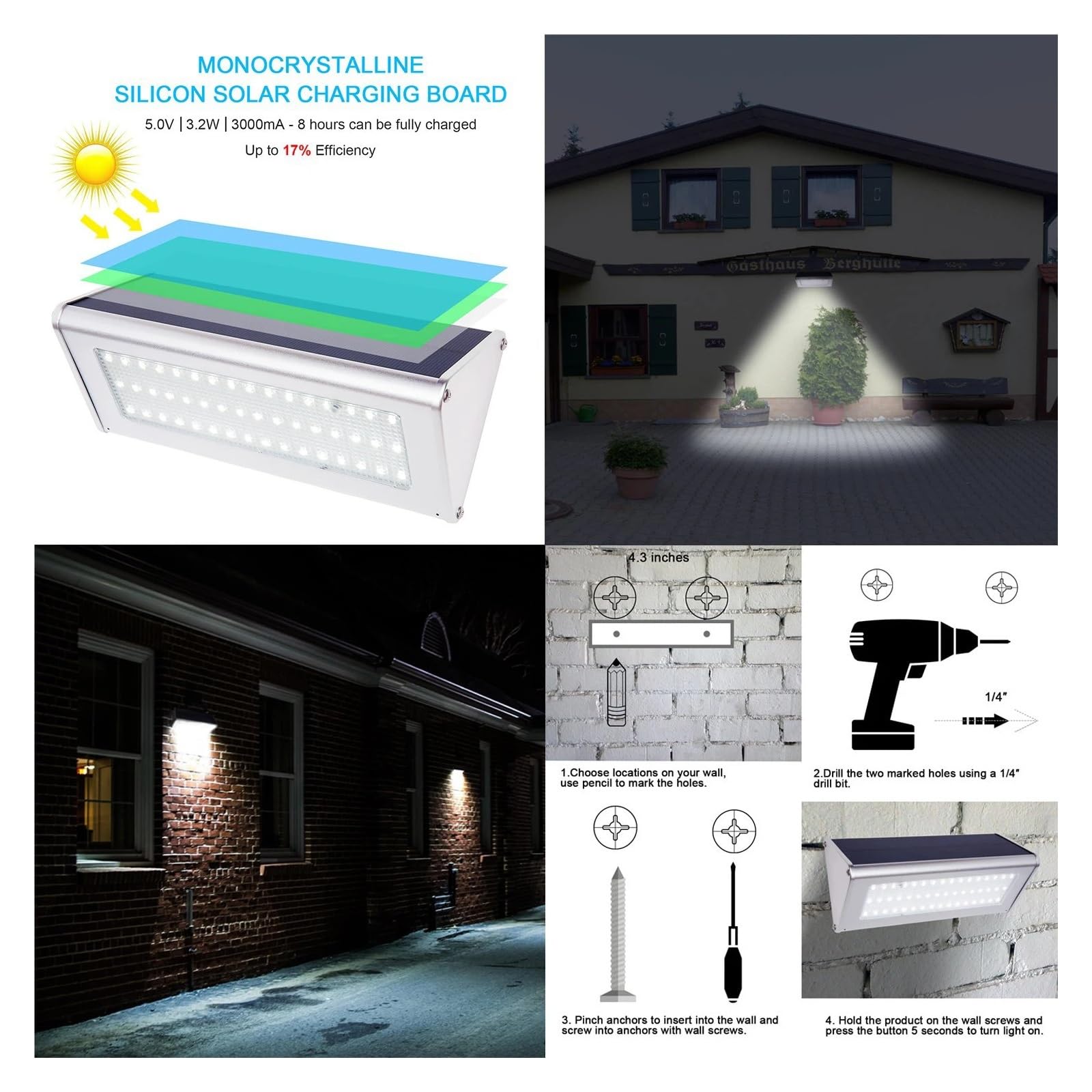 Focos LED Exterior, Luz Solar De 48 LED De Aleación De Aluminio, 4500mAh, Resistente Al Agua For Exteriores, Con Lámpara Solar, Sensor De Movimiento, Radar Aplicable En Porche Y Jardín(Bianco)