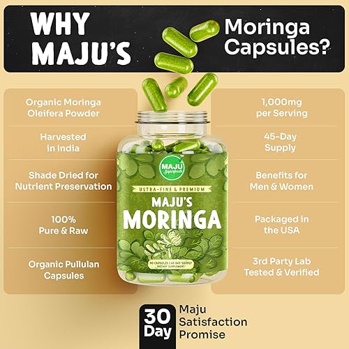 Miniatura 6 de Maju Superfoods Cápsulas de moringa orgánica, hoja de oleifera, hojas de moringa de calidad extrafina, hojas de árbol de baquetas secas, cápsulas de
