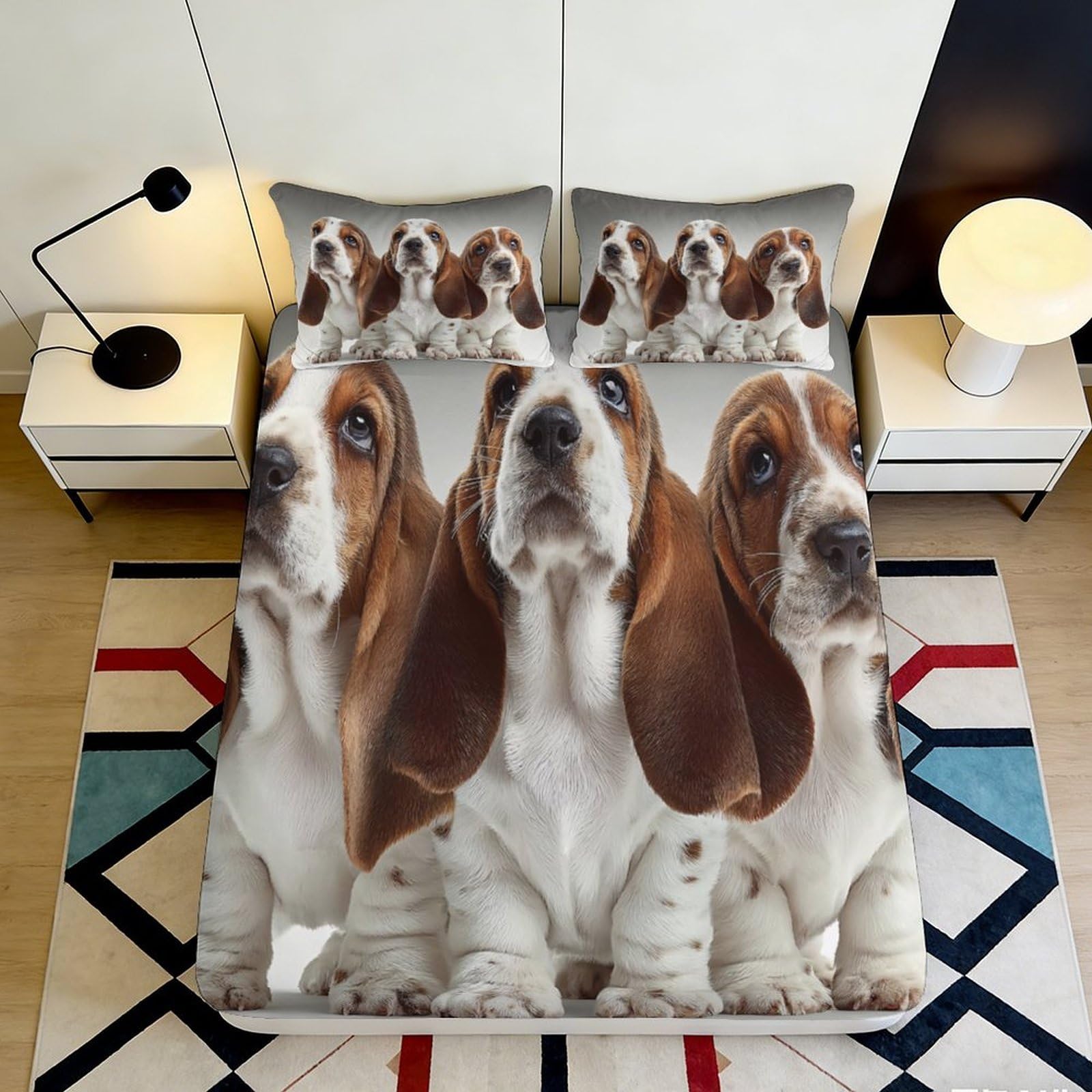 3D Printed Basset Hound Dog Fitted Sheet Microfiber Soft Brown Puppy Bed Cover for Bedroom Dorm Mattress Decor 200x200x25cm