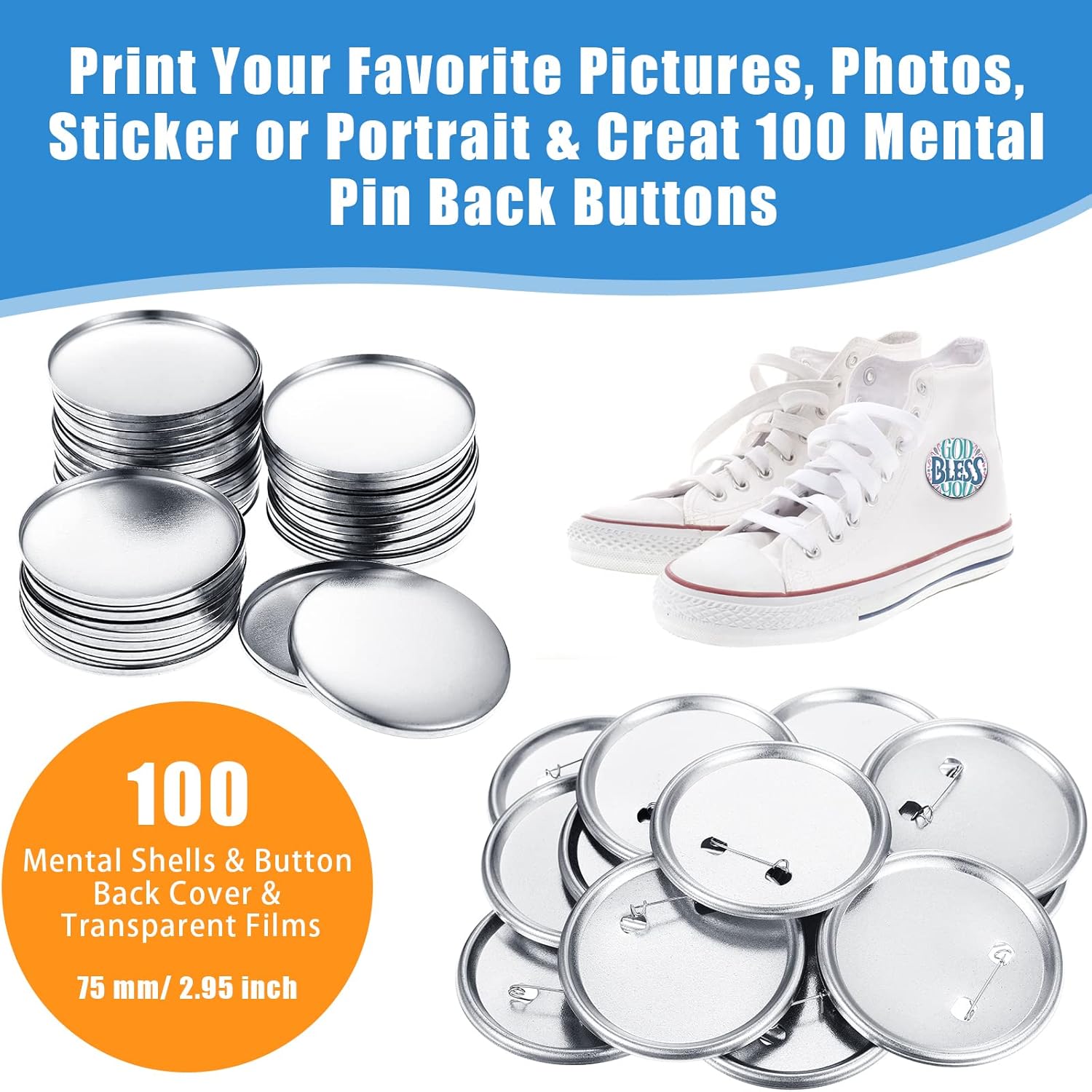 300 Pieces Blank Button Making Supplies Round Badge Parts Metal Pin Badge Kit for Button Maker Machine, Including Metal Shells Back Cover and Clear Film(3 Inch,Silver)