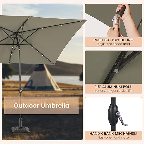 Miniatura 10 de MONDAWE Paraguas rectangular de mercado con luces LED solares de 10 x 6.5 pies para exteriores, sombrilla de patio con manivela, sombrilla de mesa