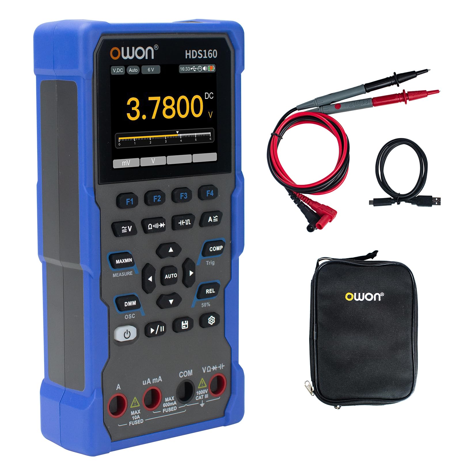 OWON HDS160 Multímetro osciloscopio+multifunción 2 en 1, ancho de banda de MHz con pantalla IPS de 2,8 pulgadas, 60000 recuentos, 4 multímetros digitales de 1/2 y osciloscopio digital de 1 canal