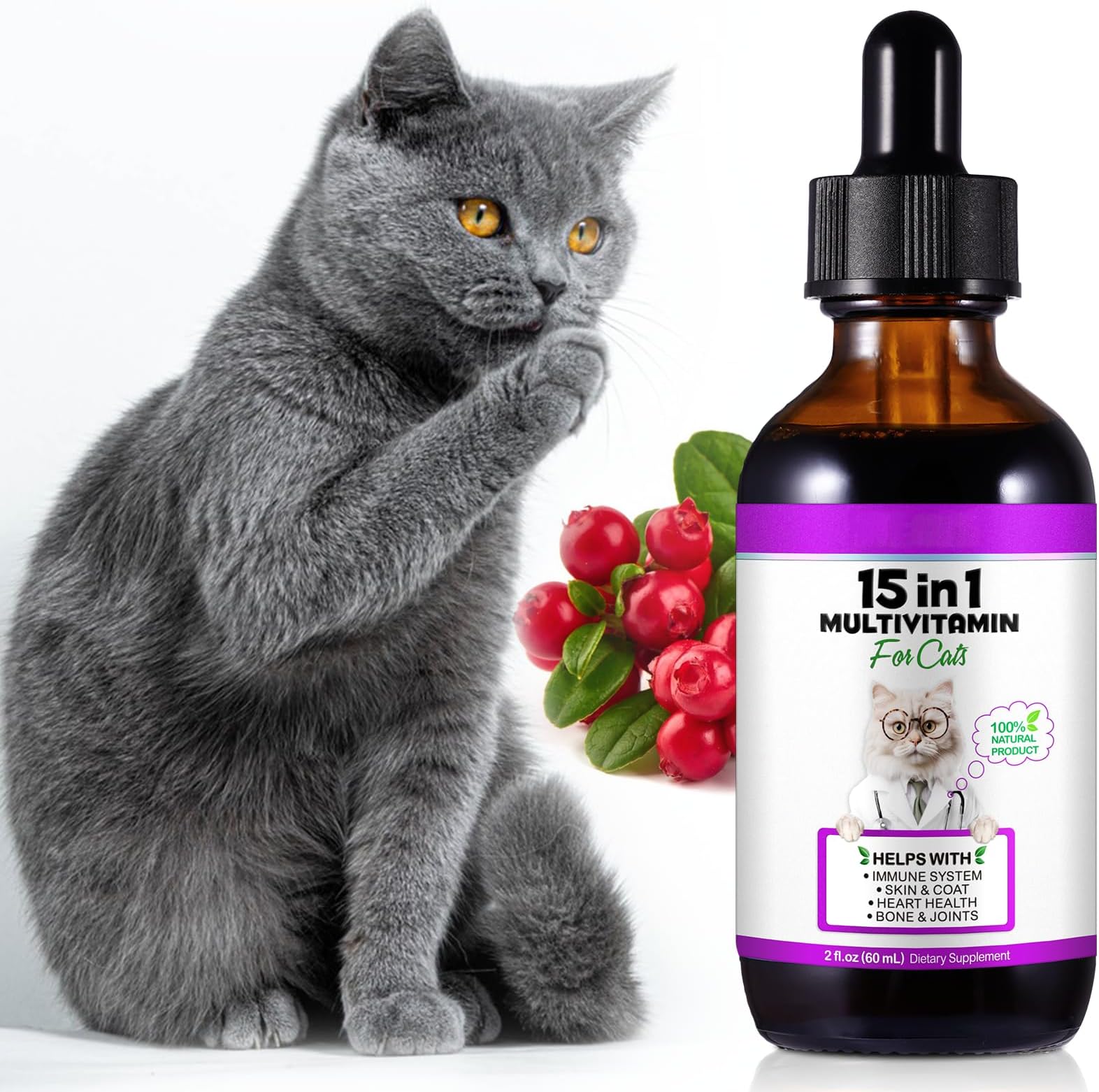 Cat Multivitamins and Supplements, 15 in 1 Cat Vitamins with Glucosamine and Cranberry, Supports Immune Health, Promotes Joint, Skin and Coat Health, Cat Supplement - 60ml (2 fl oz)