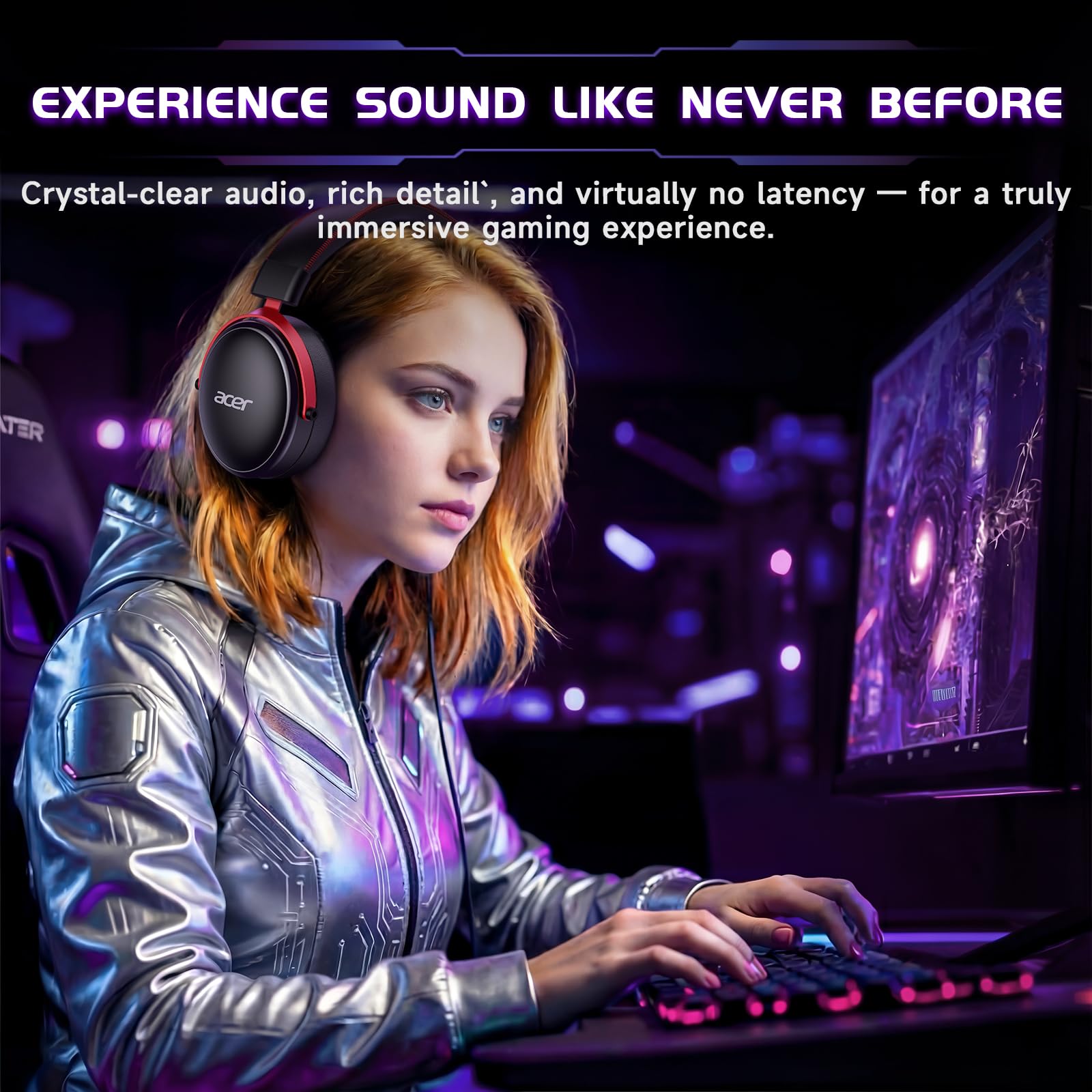 Acer Cuffie da gioco wireless da 2,4 GHz per PS5, PS4, PC, Switch, cuffie da gioco Bluetooth Tri-Mode con microfono, suono stereo, batteria da 40+ora, driver da 50 mm - nero