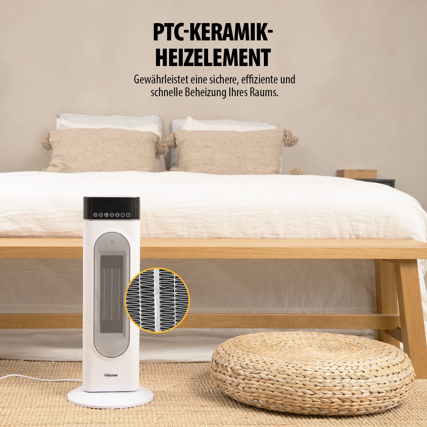 Tristar Keramik-Turmheizlüfter KA-5098 2000 W Timer Oszillation Thermostat 3 Positionen Kippschutz Weiß