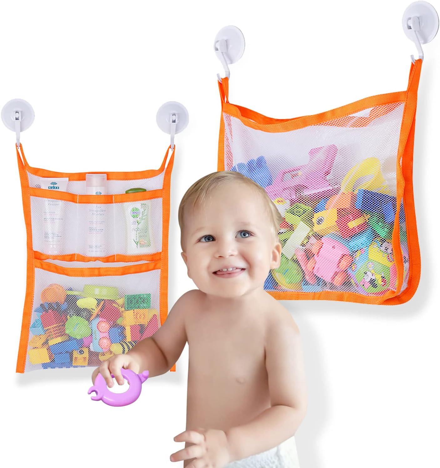 Bath Toy Organizer, SUNDOKI Bath Toy Holder Storage Bags with 4 Suction Cup Hooks and 2 Bath Toy Nets for Kids, Toddlers and Adults (Orange)