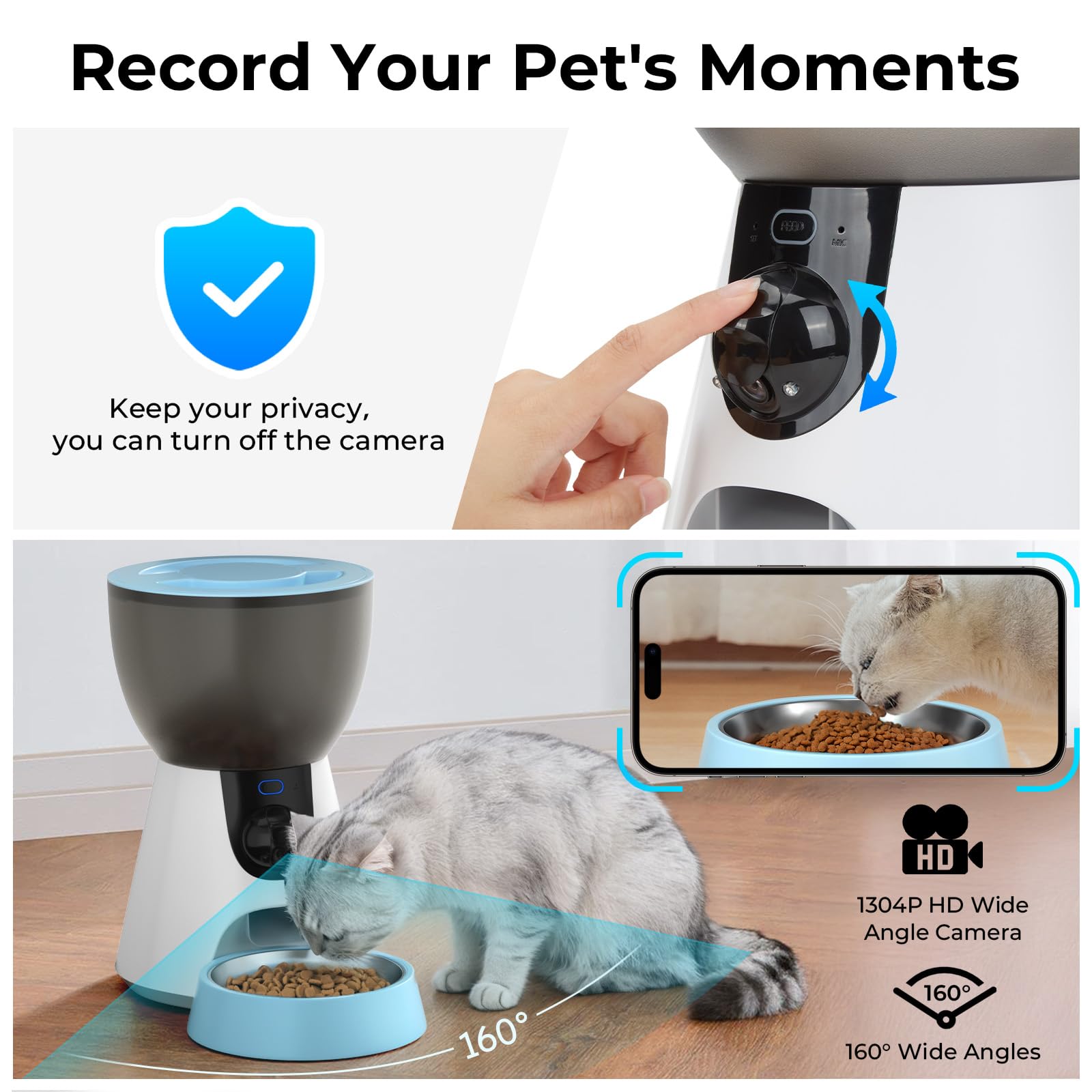 Ownpets Automatic Pet Feeder with Camera, 1304P HD Video with Night Vision, 2-Way Voice Interaction, 2.4G & 5G WiFi Food Dispenser with APP Control, 4L Timed Feeder for Cats and Dogs - image 3