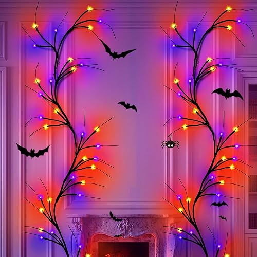 Paquete de 2 luces de vid de sauce encantado de Halloween con temporizador, total de 12 pies, 108 luces LED de sauce iluminadas, decoraciones de