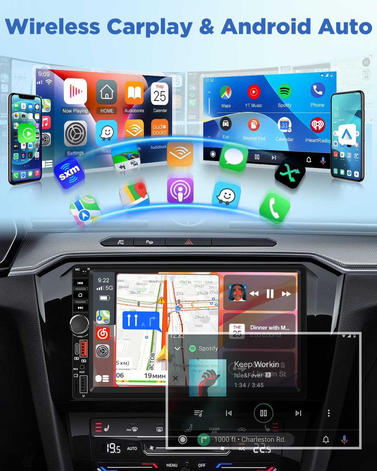 NHOPEEW 2-Din-Autoradio mit Wireless CarPlay & Android Auto – 7-Zoll-Touchscreen-Radio mit Lenkradsteuerung, Spiegelverknüpfung + Rückfahrkamera