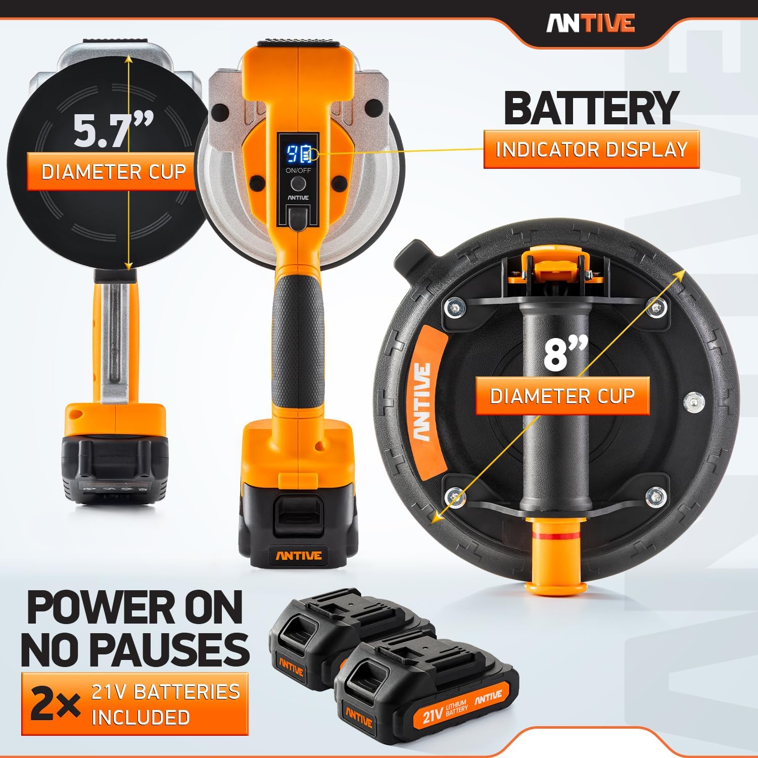 Tile Vibration Tool Pro Set with 21V Batteries & 8″ Vacuum Suction Cup – 110 lb. Tile Suction Cup Tool Power – 9 Tile Vibrator Levels for Leveling Marble, Ceramic, Paver, Granite & Concrete