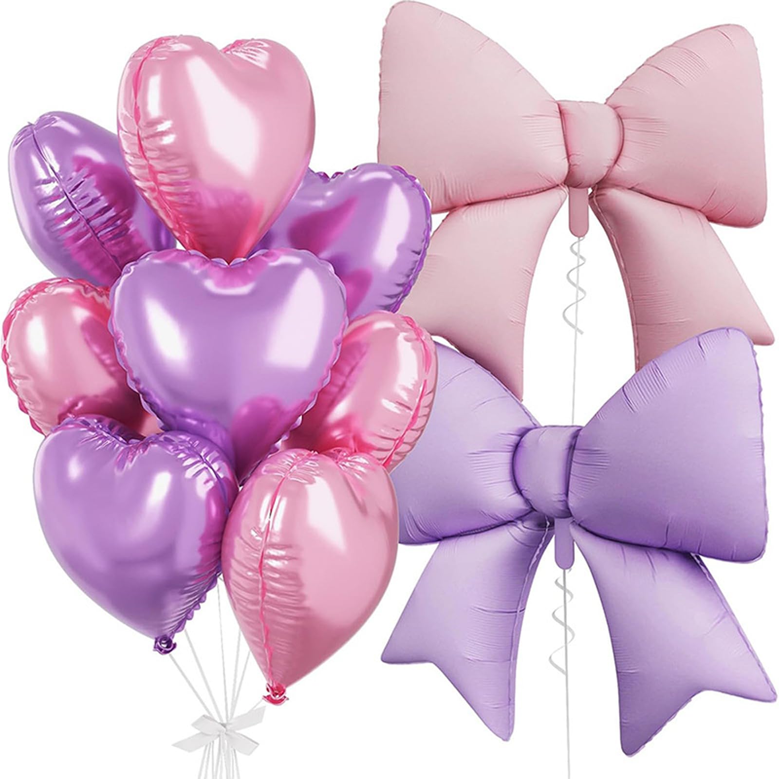 Bow Balloons - Self-Sealing Long Lasting Foil Balloons for Elegant Party Decor - Includes Pink & Purple Bow Balloons with Heart Balloons (10-Pack)