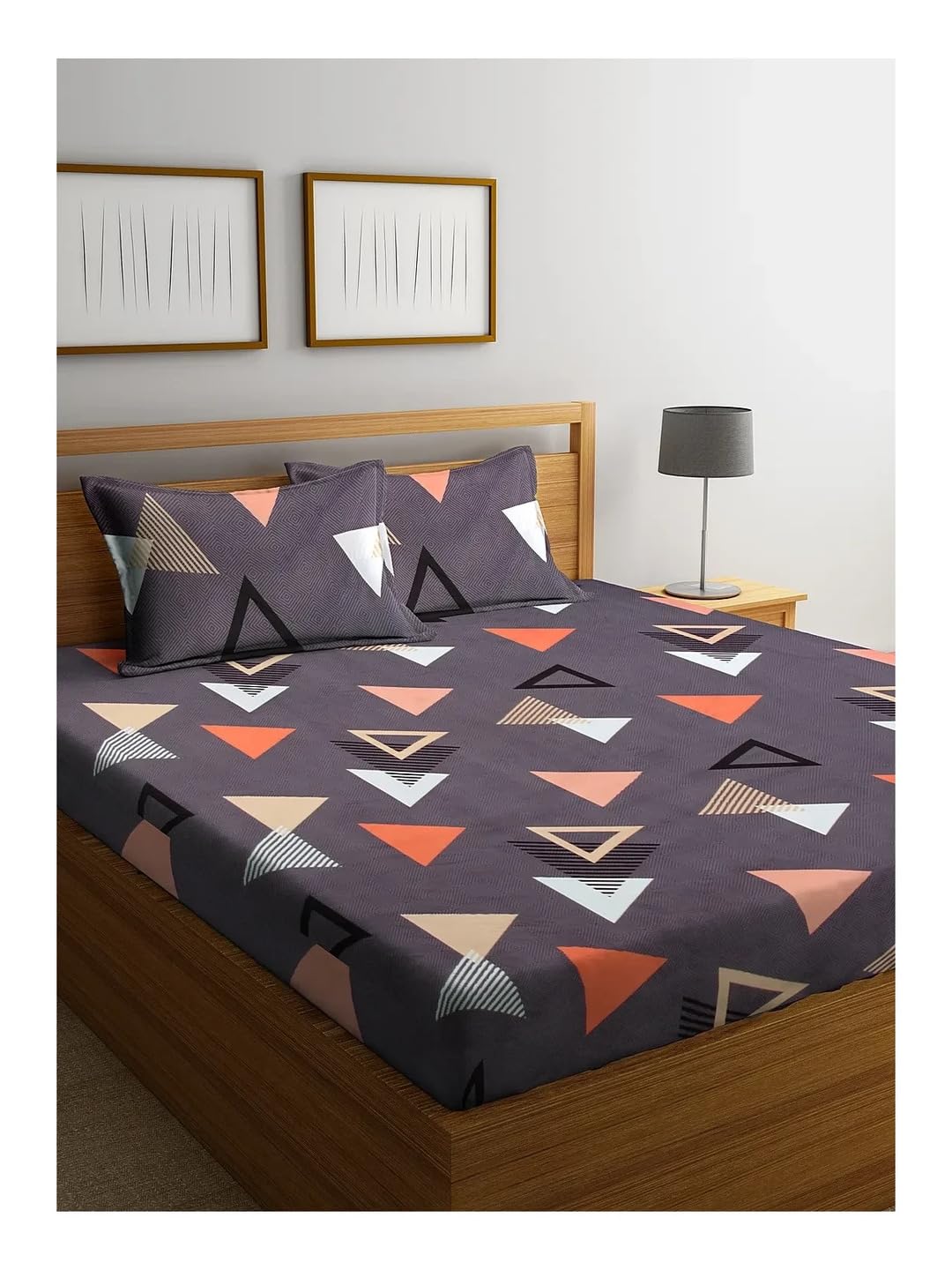 Modern Geometric King Size Flat Bedsheet Set – Soft Cotton Blend with Black & Orange Triangle Print | 1 Flat Sheet & 2 Pillow Covers | Fade-Resistant, Comfortable & Easy Care
