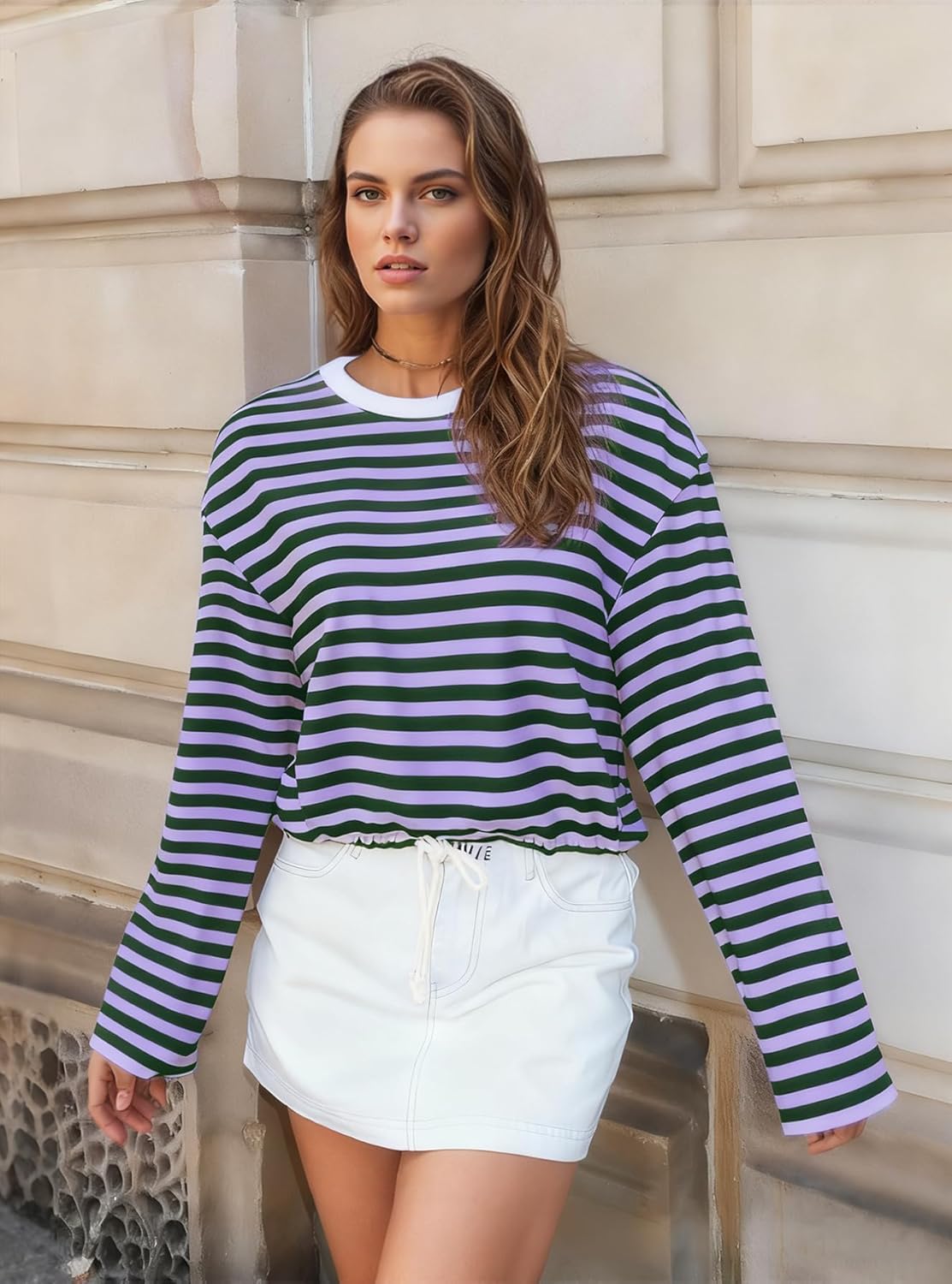 Womens Long Sleeve Sweatshirt Oversized Striped Crewneck Pullover Going Out Crop Tops Casual Outfits - Image 6