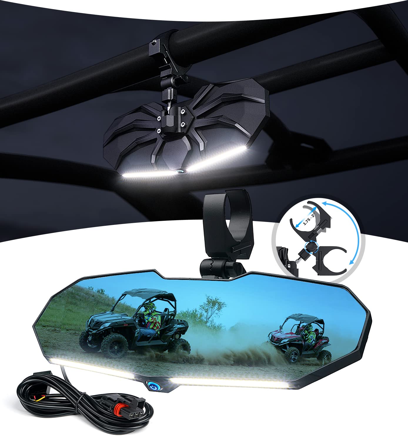 Lupar RZR Rear View Mirror with Light, UTV Rearview Mirror w/ Pushbutton Switch , Aluminum UTV Center Mirror Fits 1.75”-2” Roll Cage Compatible with Polaris RZR, Pioneer, Can Am , Talon, Kawasaki