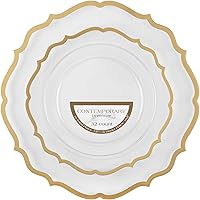 Vista 15 de Plasticpro Juego de 64 piezas de elegantes platos de plástico desechables incluye 32 platos de cena y 32 platos para ensalada, vajilla resistente