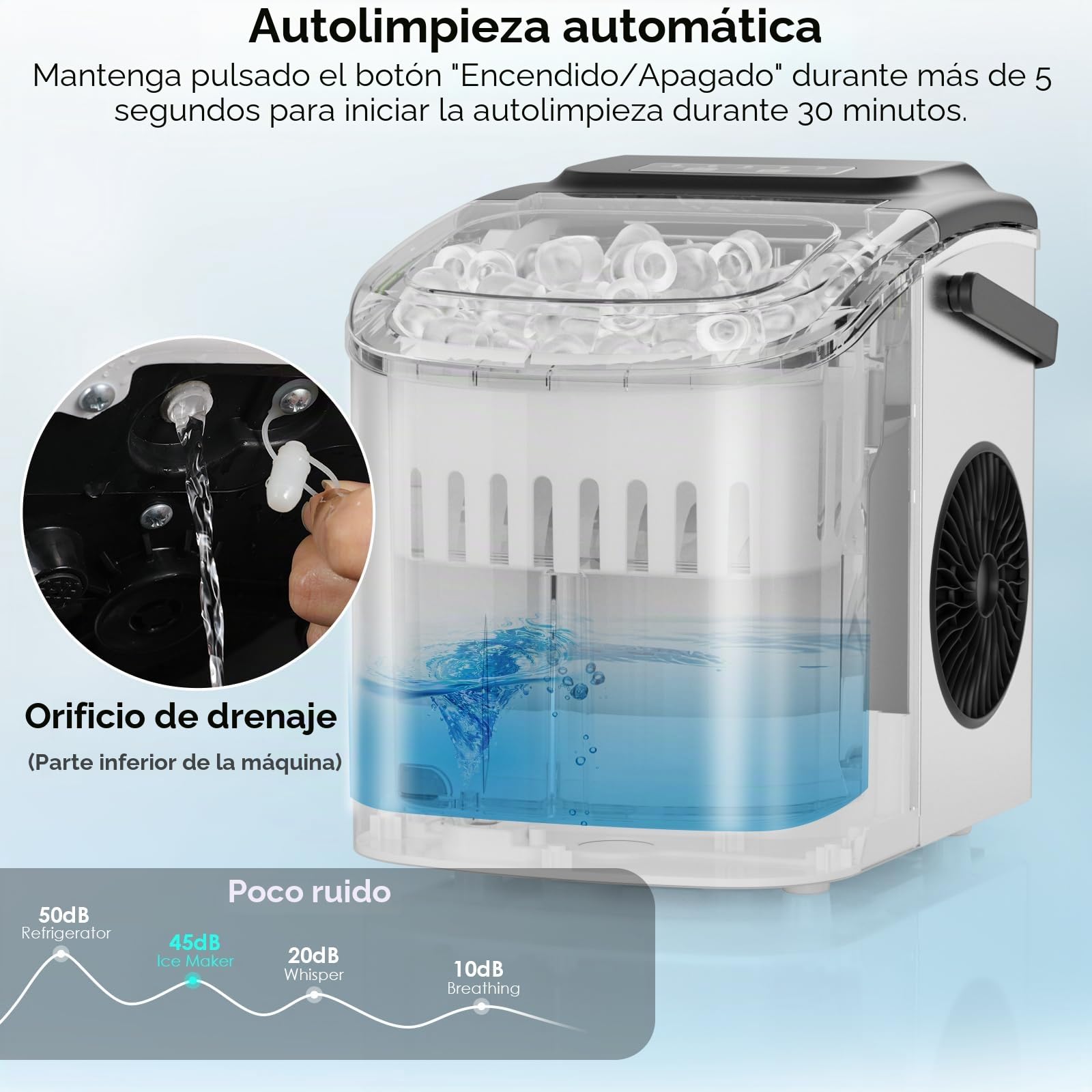 Maquina de Hielo, 9PCS Cubitos de Hielo en 6 Min, 12kg/24h, 2 Tamaños de Cubitos, Maquina de Hacer Hielo con Asa de Transporte/Pala para Hielo, Maquina Hielo con Autolimpieza para Casa/Cocina/Oficina