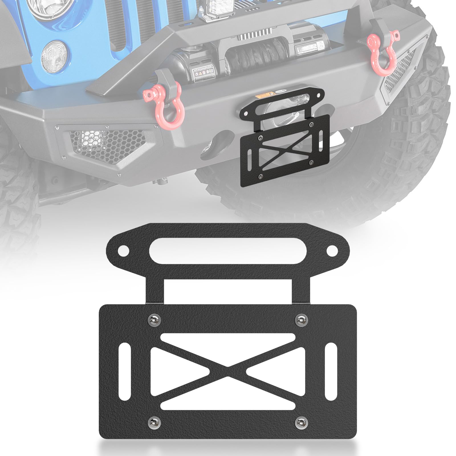 Universal Winch Mount License Plate Frame Compatible with 10" Hawse Fairlead, Front License Holder Bracket Relocation, Bumper Winch Mounting, Fits Most Off-Road Cars, Trucks and SUVs