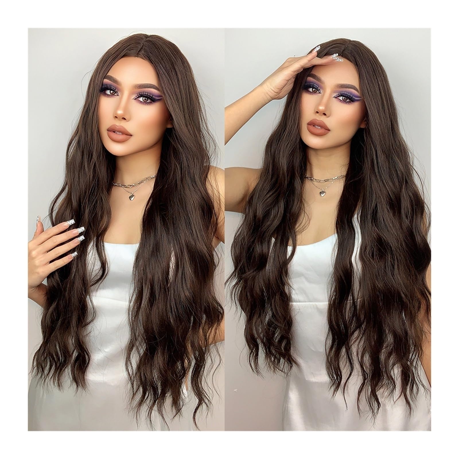 Parrucche Parrucche Sintetiche Ondulate Lunghe castane Parte Centrale Parrucca riccia Naturale for Donne Nere Cosplay Capelli Finti Resistenti al Calore quotidiani Parrucche Donna