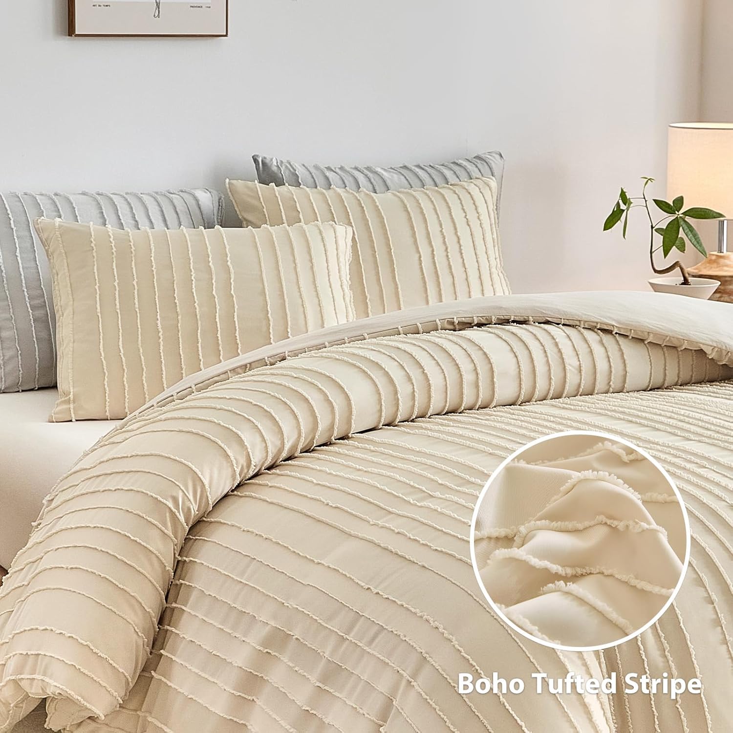 WARMDERN Khaki Boho Duvet Cover Set Queen Size, Striped Textured Tufted Bedding Set, 3 Piece Soft Washed Microfiber Duvet Cover with Zipper Closure (Khaki)