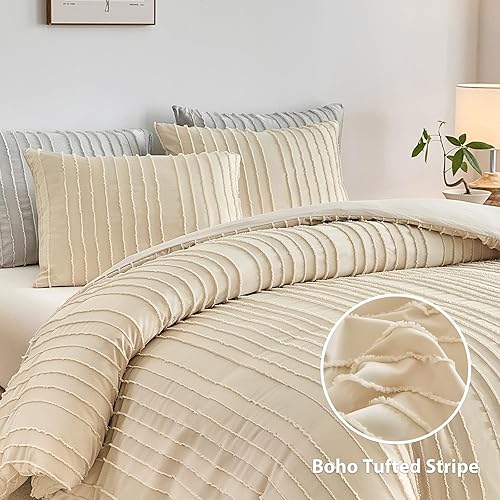 Miniatura 2 de WARMDERN Juego de funda de edredón bohemio de color caqui, tamaño Queen, juego de ropa de cama con mechones con textura a rayas, 3 piezas, funda de