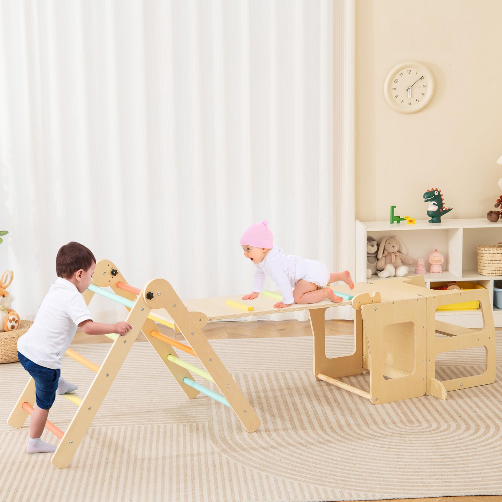 COSTWAY 7 en 1 Triángulo de Escalada de Madera para Niños con Rampa Reversible, Torre de Aprendizaje Plegable Montessori, Mesa y Silla Infantil, Pizarra Divertida, para Niños de 3-14 Años (Multicolor)