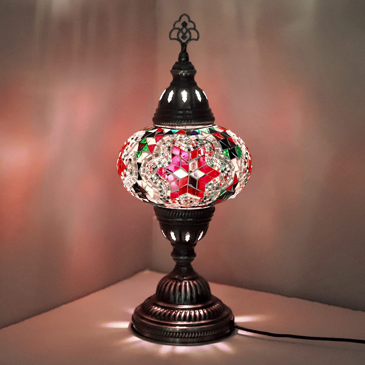 ENVA Turkish Moroccan Style Mosaic Multicoloured Desk Table Lamp, Bronze Base, Unique Light Large Globe
