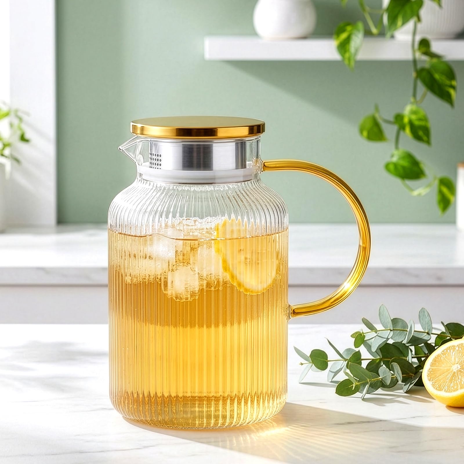 BREEZENEST 1800ml Glass Pitcher with Lid and Handle Fridge Jug