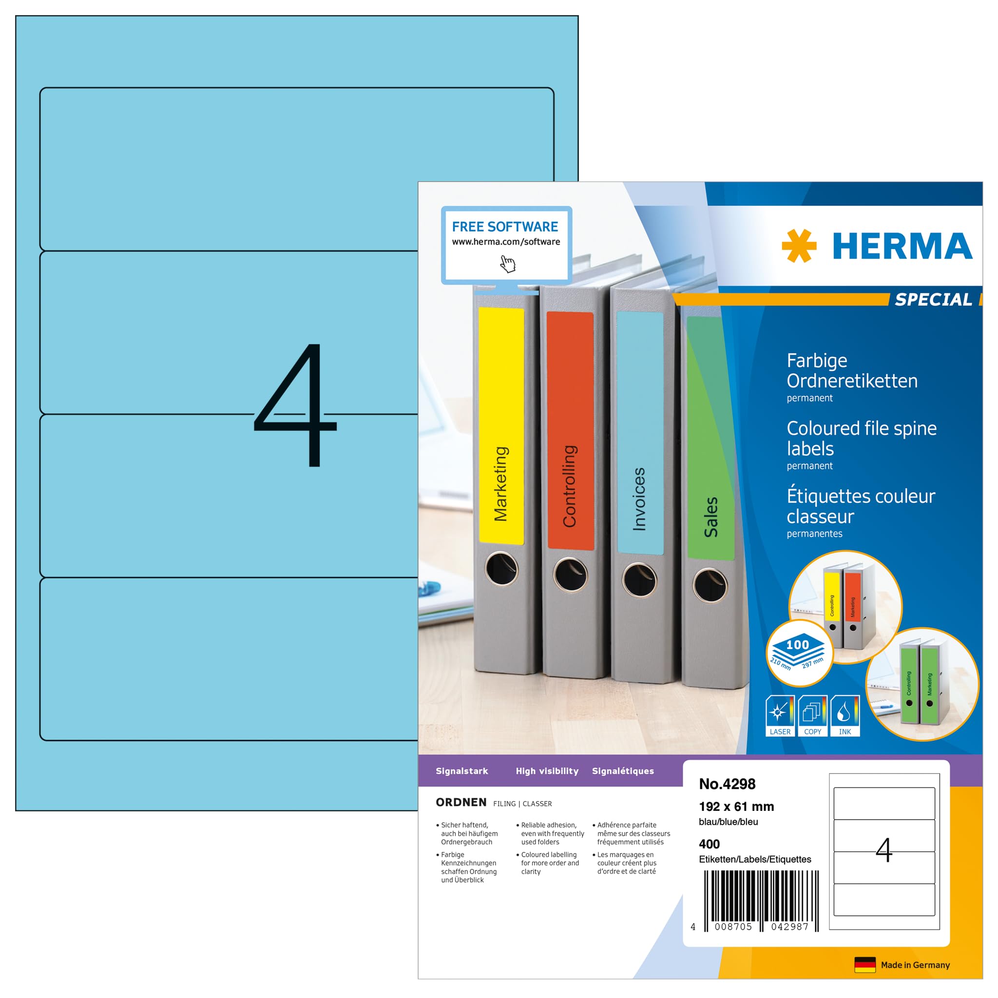 HERMA 4298 Ordnerrücken Etiketten kurz breit, 1400 Blatt, 192 x 61 mm, 4 pro A4 Bogen, 5600 Stück, selbstklebend, bedruckbar, blickdicht, blanko Papier Ordneretiketten Rückenschilder Aufkleber, blau