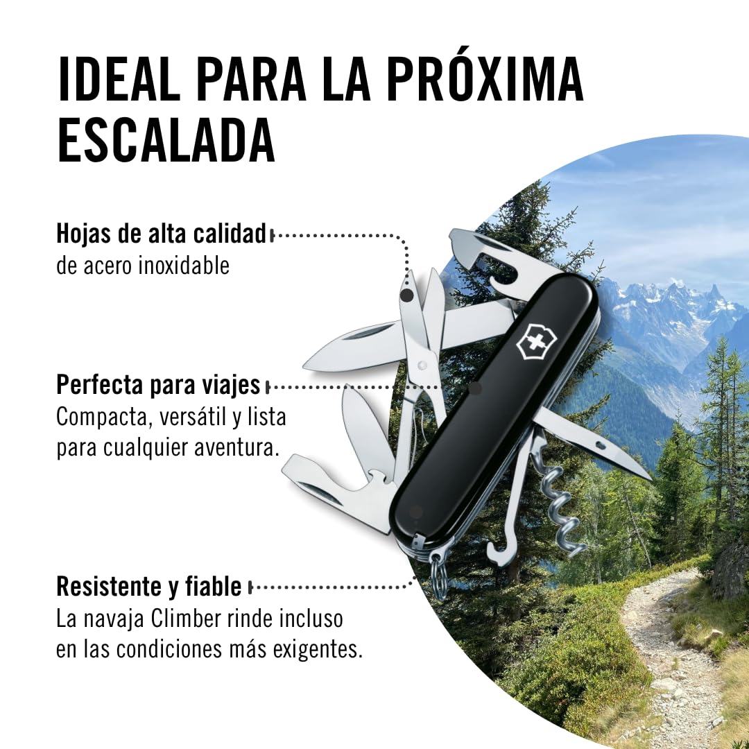 Victorinox Climber Navaja con 14 funciones, incluyendo hoja grande y abrebotellas | Navaja de bolsillo hecha en Suiza, construcción duradera, herramienta multifunción, camping y uso diario