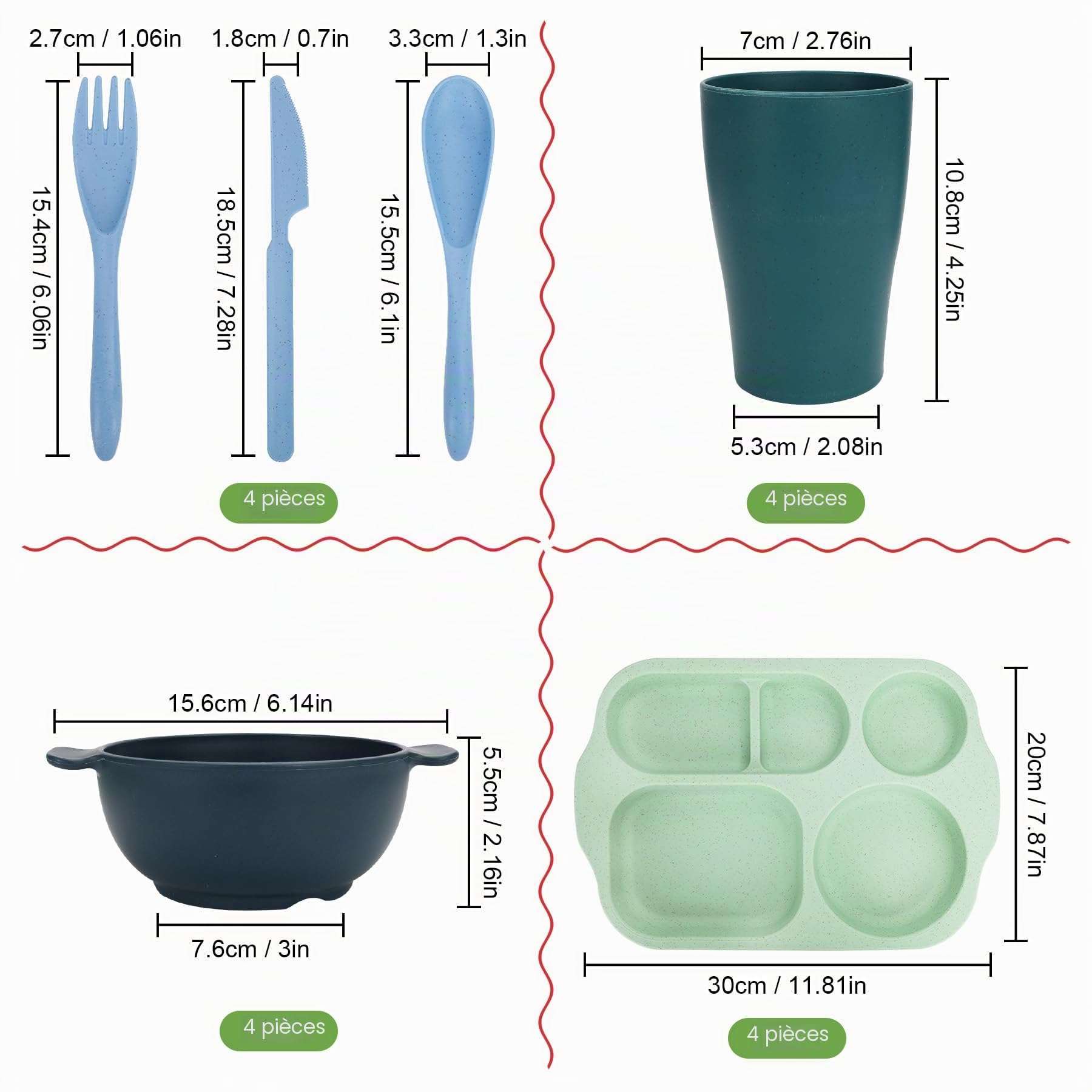 Ensemble de vaisselle incassable pour 4 personnes, 24 pièces d'assiettes divisées en plastique, ensemble de couverts, ensemble de vaisselle réutilisable pour adultes, enfants, école, bureau, fête