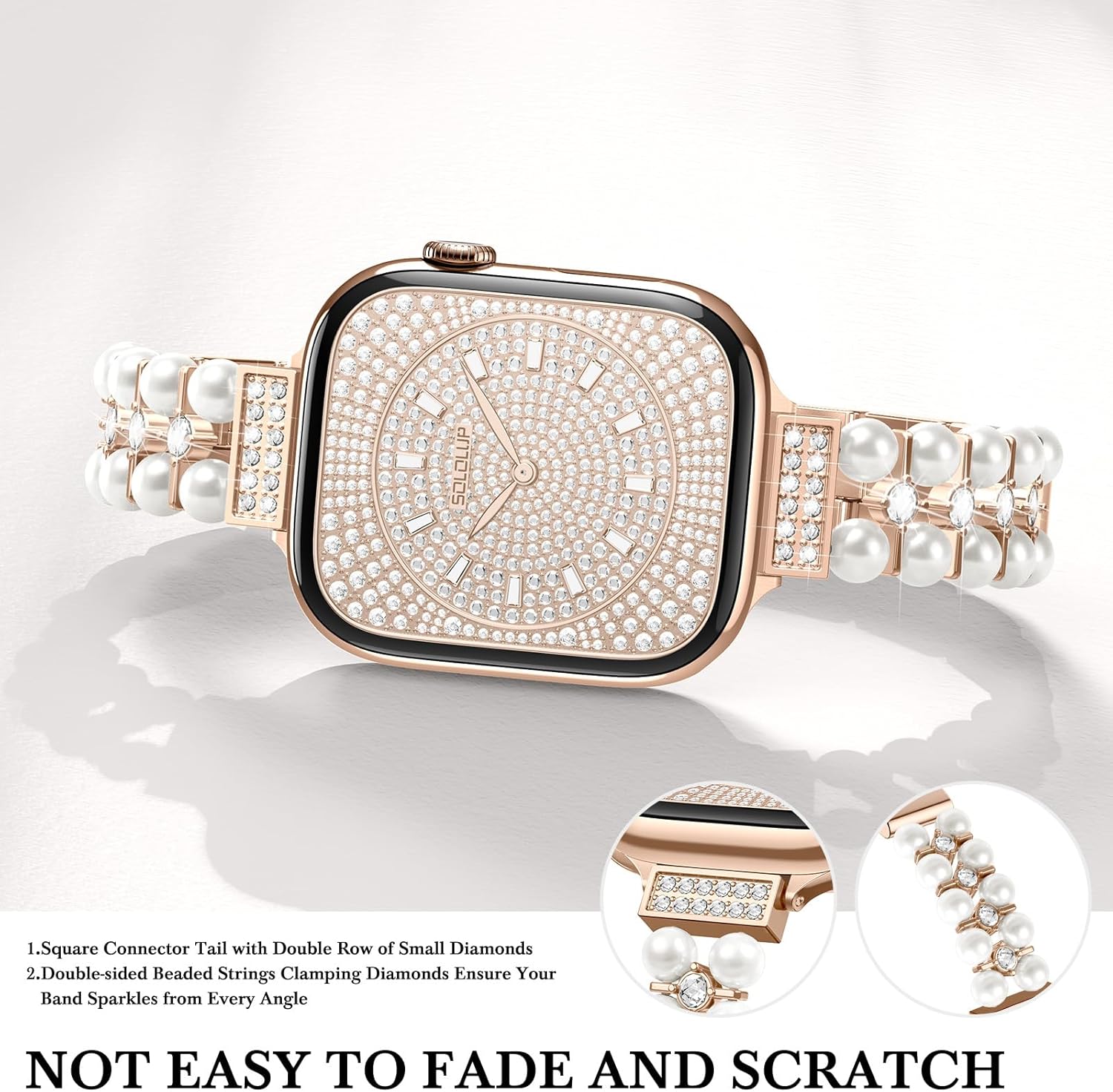 SOLOLUP Bling Pearl Diamond Metal Band for Apple Watch Bands for Women SE 3/2 40mm 41mm 42mm 38mm,Dressy Fancy Sparkle Jewelry Strap Metal Bracelet for iWatch Series 11 10 9 8 7 6 5 4 3 2 1,Rose Gold - Image 6