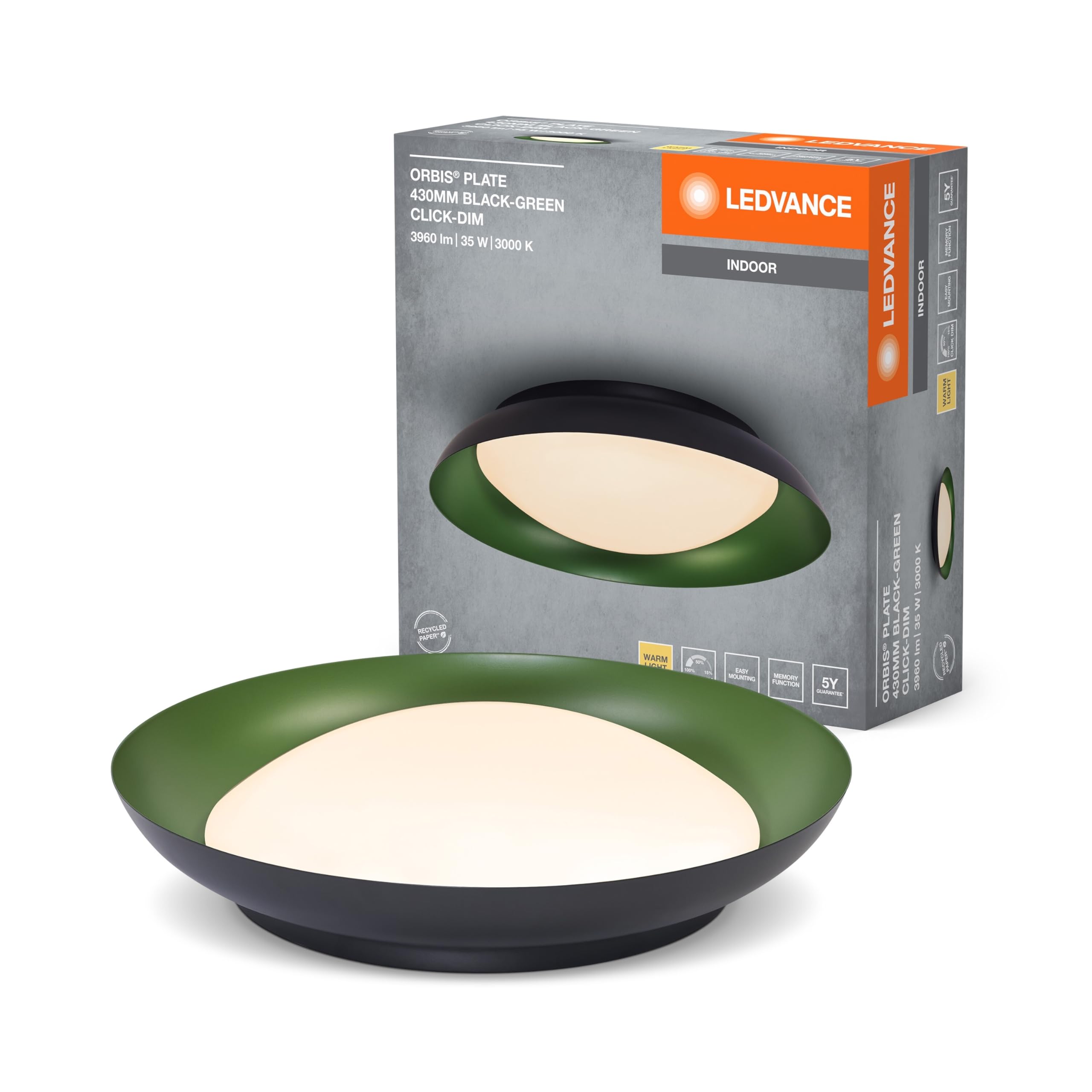 LEDVANCE Orbis LED Plate, Deckenleuchte, Schwarz-Grün, 35W, 1700lm, 3000K, 430mm, 830 Freundliches Warmweiß, durch Kicken in 3-Stufen dimmbar, IP20 Schutz, Montageschrauben und Dübel inklusive