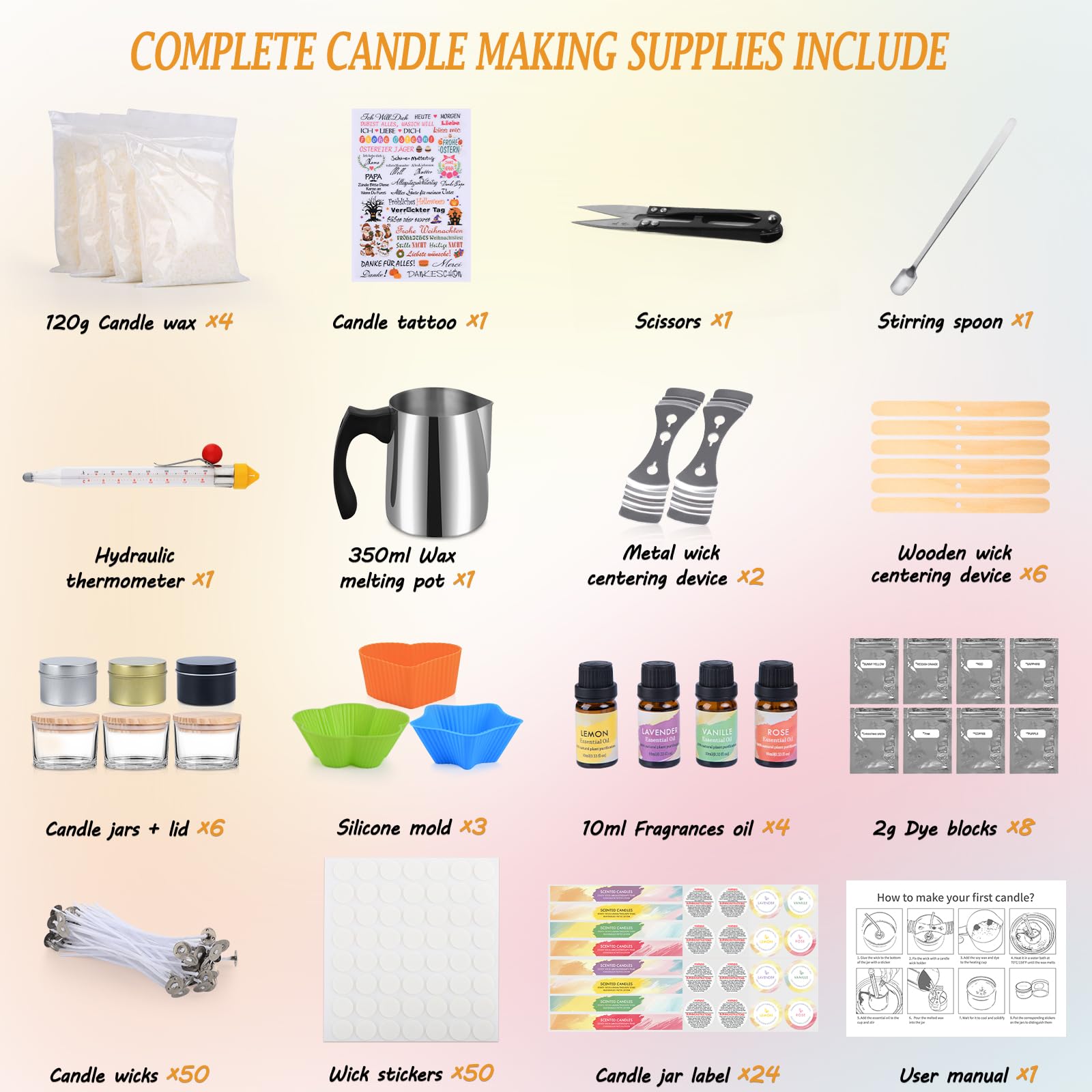 Vorlestour Kerzen Selber Machen Set, 162 Candle Making Kit mit 480g Wachs, Wachsschmelztiegel, Kerzentattoos, 8 Farbstoffen, 4 Düften, DIY Gießen Kerzen für Kinder Erwachsene