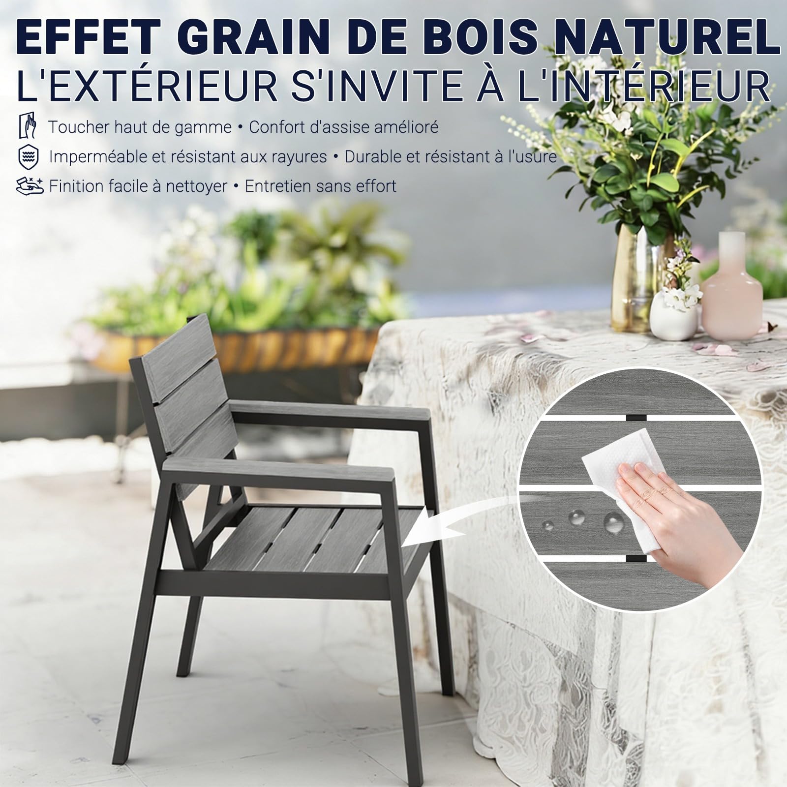 Devoko Chaises de Jardin Lot de 6, HDPS Chaises d'Extérieur en Aluminium Résistantes Imperméables avec Finition à Veine de Bois, Assise de Taille Améliorée Supportant 160 kg, Faciles à Nettoyer, Gris