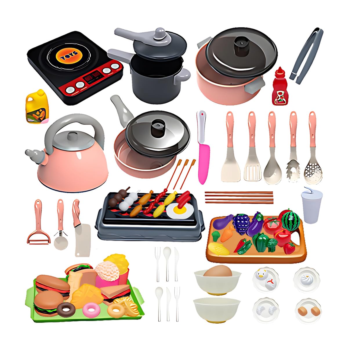 Felirzavy Kids Kitchen Toys 86Pcs Pretend Play Set, Realistic Fake Play Kitchen Toy Accessory Toddler Pretend BBQ Camping Cooking Playset with Safe Pots Pans Utensils Food for Child Birthday Gift