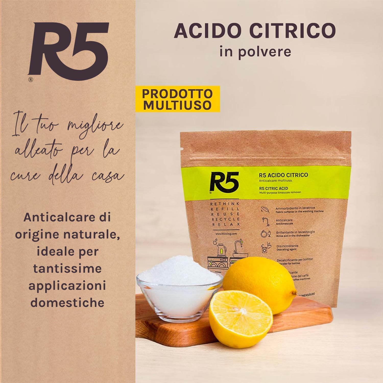 R5, Acide Citrique en Poudre, 1 kg, Détartrant Multi-usages, Détartrant, Produit de Rinçage et Adoucissant, Sans Odeur, Certifié Plastique Négatif, 2 Paquets de 500 g