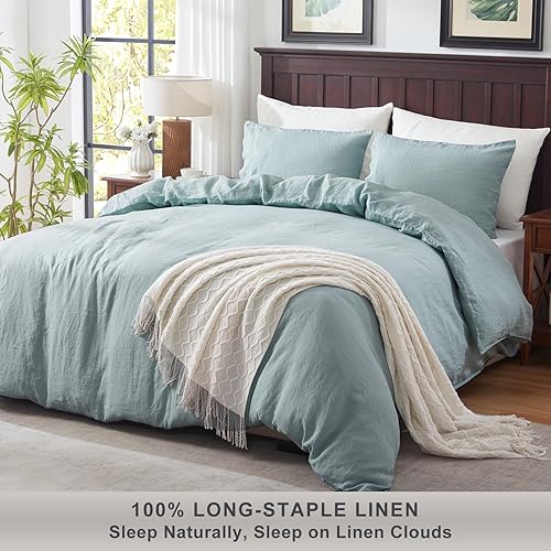 Miniatura 8 de Juego de funda de edredón de lino, 100% lino francés natural, juego de 3 piezas, suave y transpirable para personas que duermen con calor, 1 funda