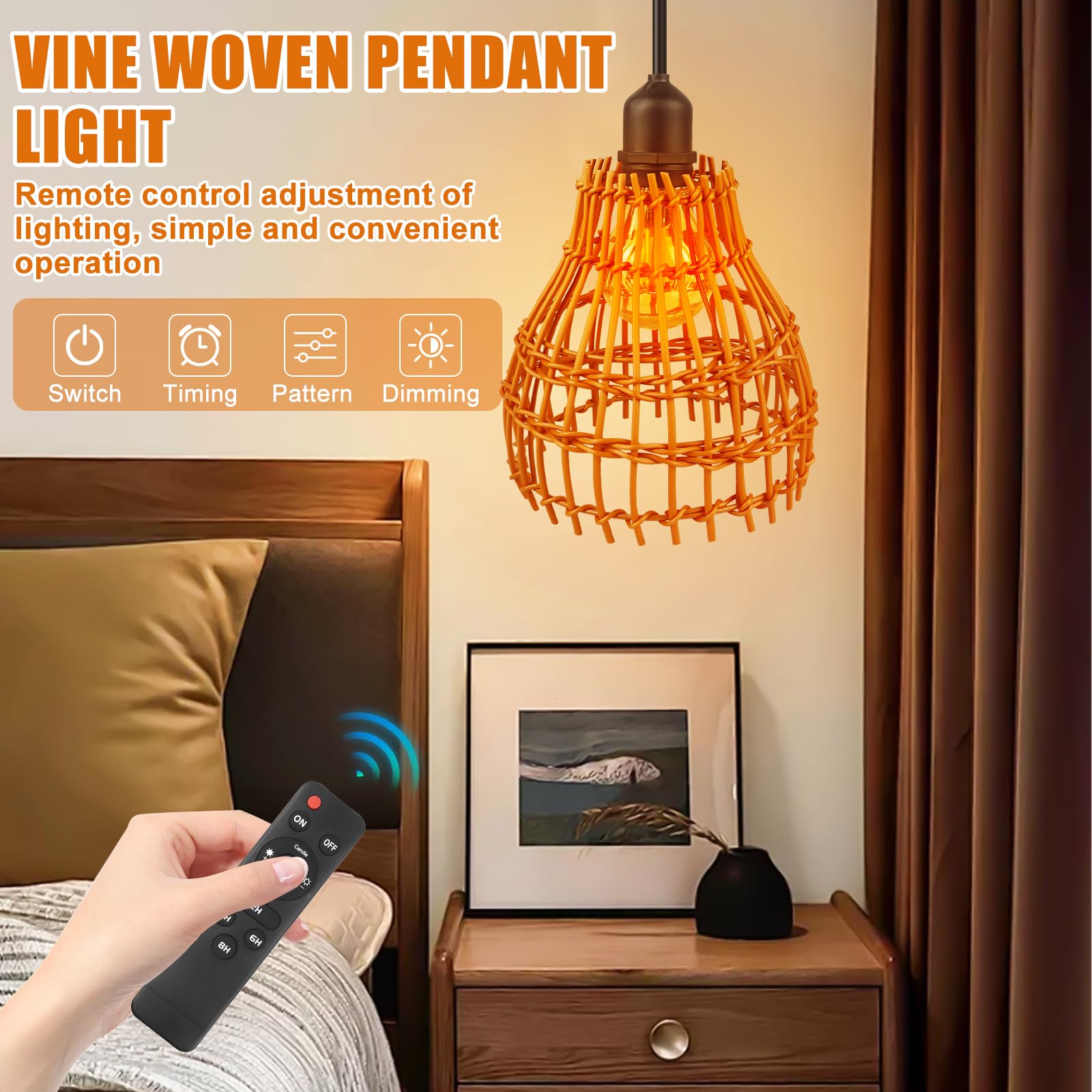 Lampada a sospensione in rattan: 2 pezzi a batteria, lampada a sospensione boho con telecomando, per esterni, per giardino, esterni, per terrazze e gazebo