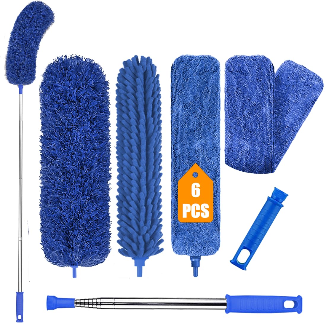 Microfiber Feather Duster, 6PCS Extendable Bendable Dusters with 100" Telescopic Pole, Washable & Reusable Cleaning Kit for Ceiling Fans, Lights, Blinds, Cars, Hard-to-Reach Areas (Blue)