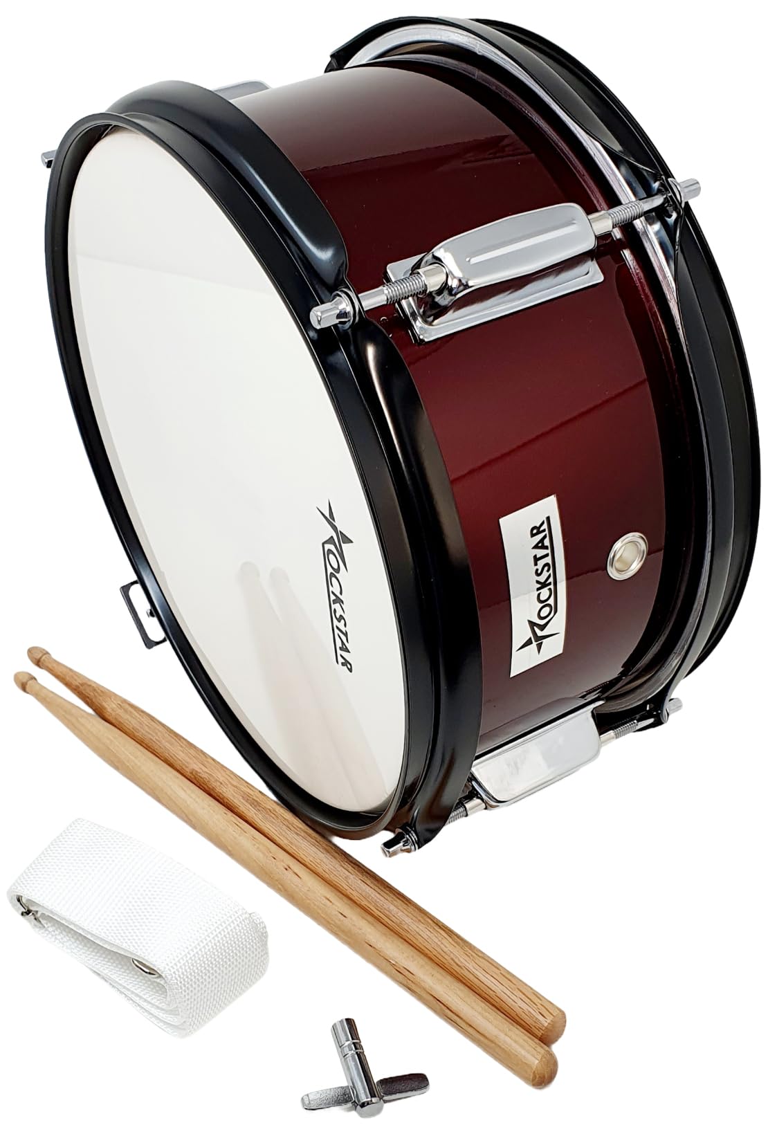 ROCKSTAR - Caja de Marcha Iniciación en Madera Afinable 1055WR-4813 Tambor Incluye Correa y Baquetas, Instrumento Musical de Percusión, Parche afinable y bordonero. 20,5cm Diametro y 13cm Altura