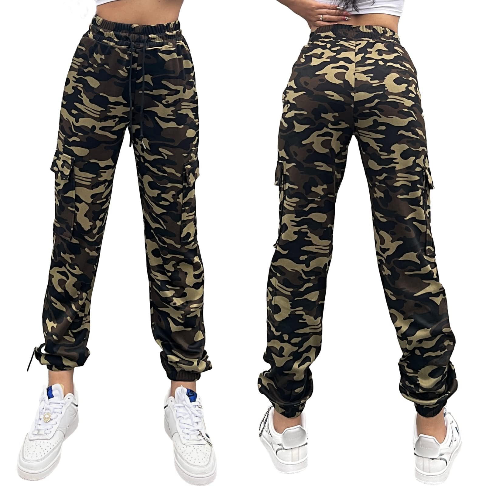 Nuofengkudu Joggers Camuflaje Pantalon Deportivo Mujer Elastico Cintura Alta con Cordon Cargo Bolsillos Tobilleros Harem Pantalones de Chándal Deporte Adolescente Jogging Casual