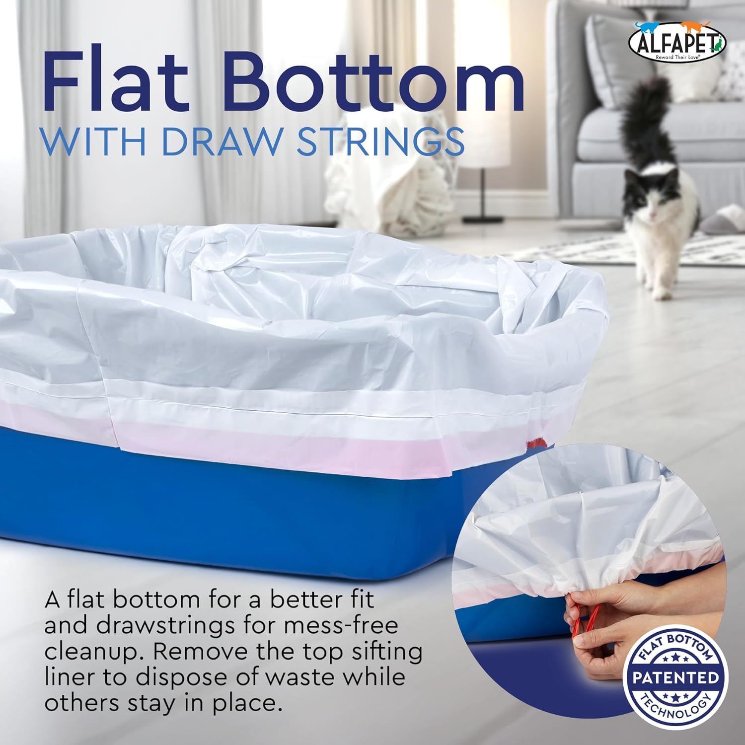 Alfapet Self Sifting Cat Litter Box Liners, Set of 42, Flat Bottom, Reinforced, XL Design for Large Trays, 13 Gallons