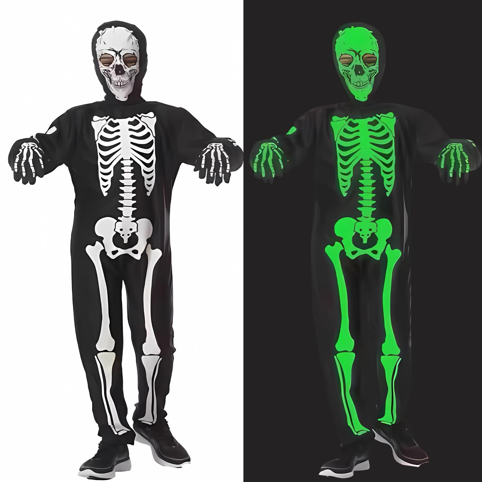 Costume Scheletro Bambino Che Brilla Al Buio - Tuta E Passamontagna Per Halloween E Feste In Maschera