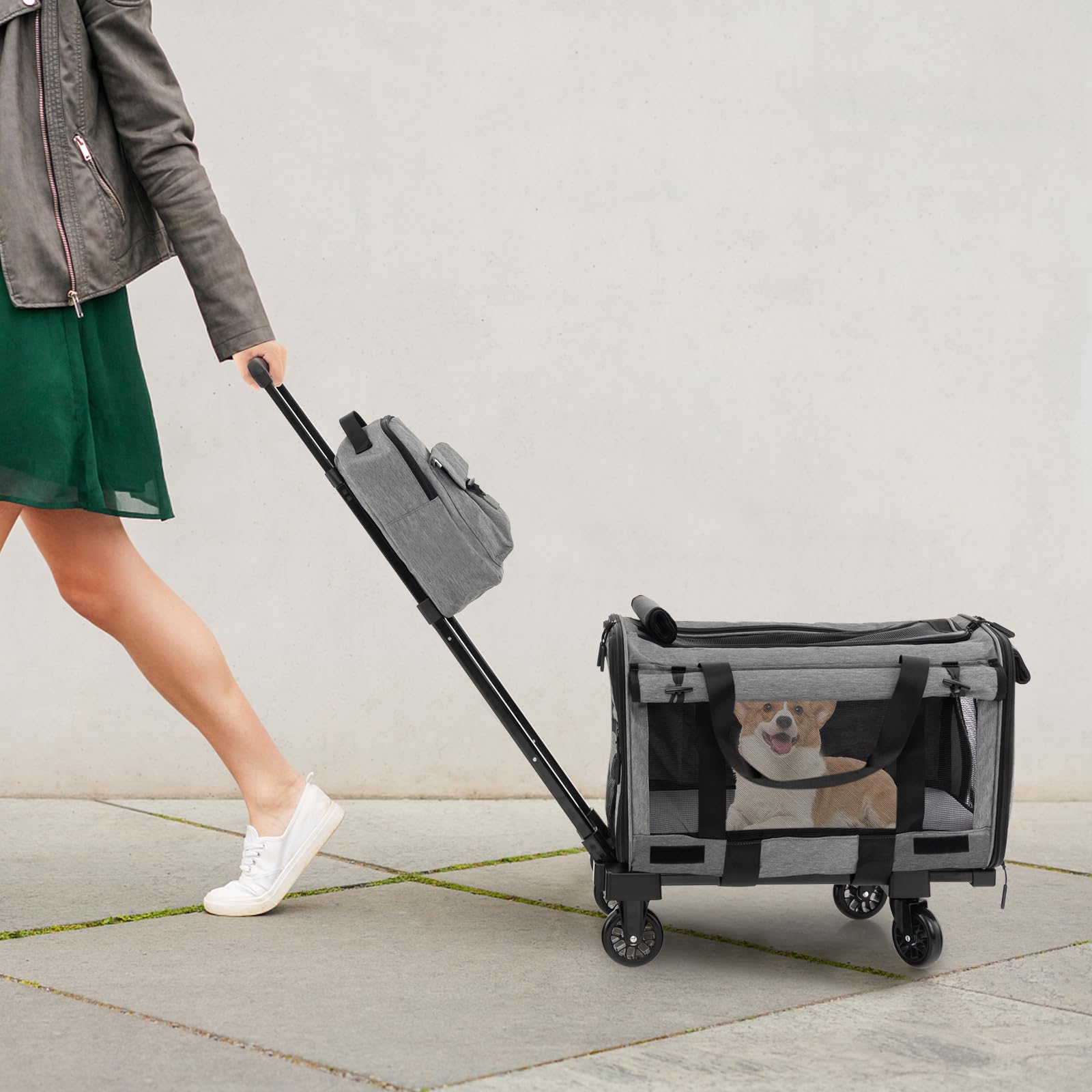 GOPLUS Carrito para Perros Plegable con Ruedas, Cochecito para Mascotas con base de doble cara, asa telescópica, Caja de Transporte y Bandolera, Trolley para Mascotas Pequeñas y Medianas, Hasta 100 KG