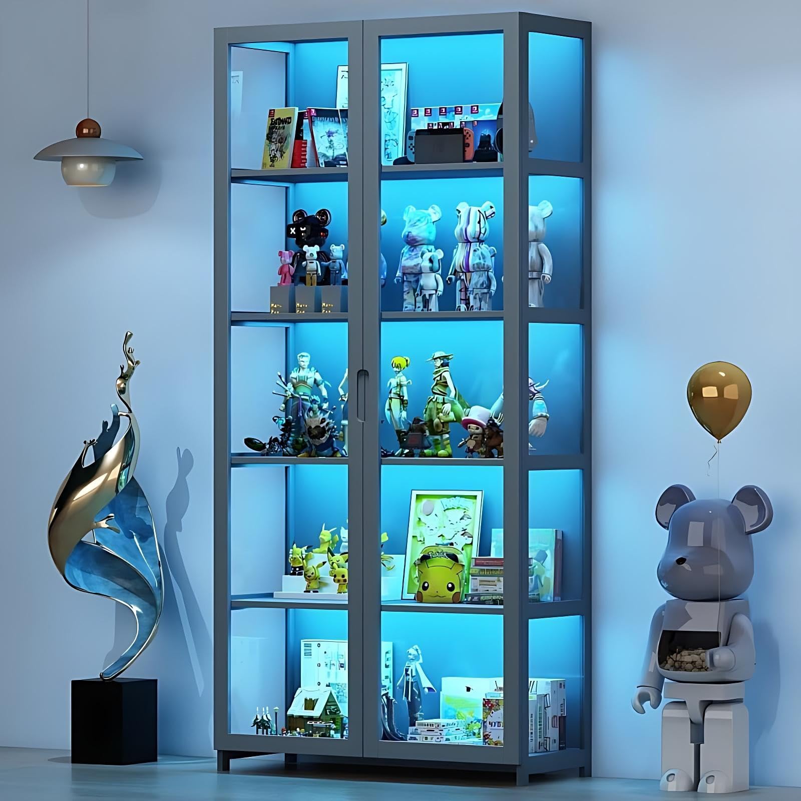Vitrina con Puertas de Vidrio acrílico, Organizador de Juguetes coleccionables de 5 Niveles y Estante de exhibición, estantería para el hogar, Sala de Juegos, Sala de Estar (Gris-2)