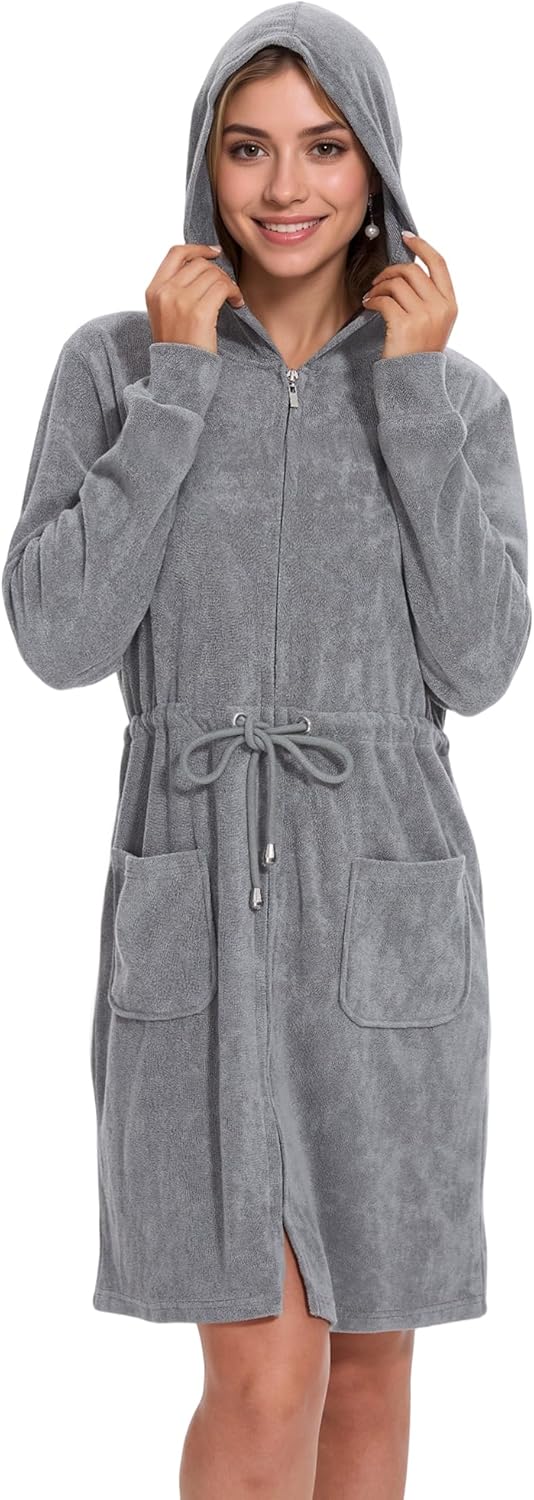 Women Terry Cloth Zipper Robe Zip Up Bathrobes with Pockets Hooded Cotton Housecoat Nightgown Loungewear Sleepwear