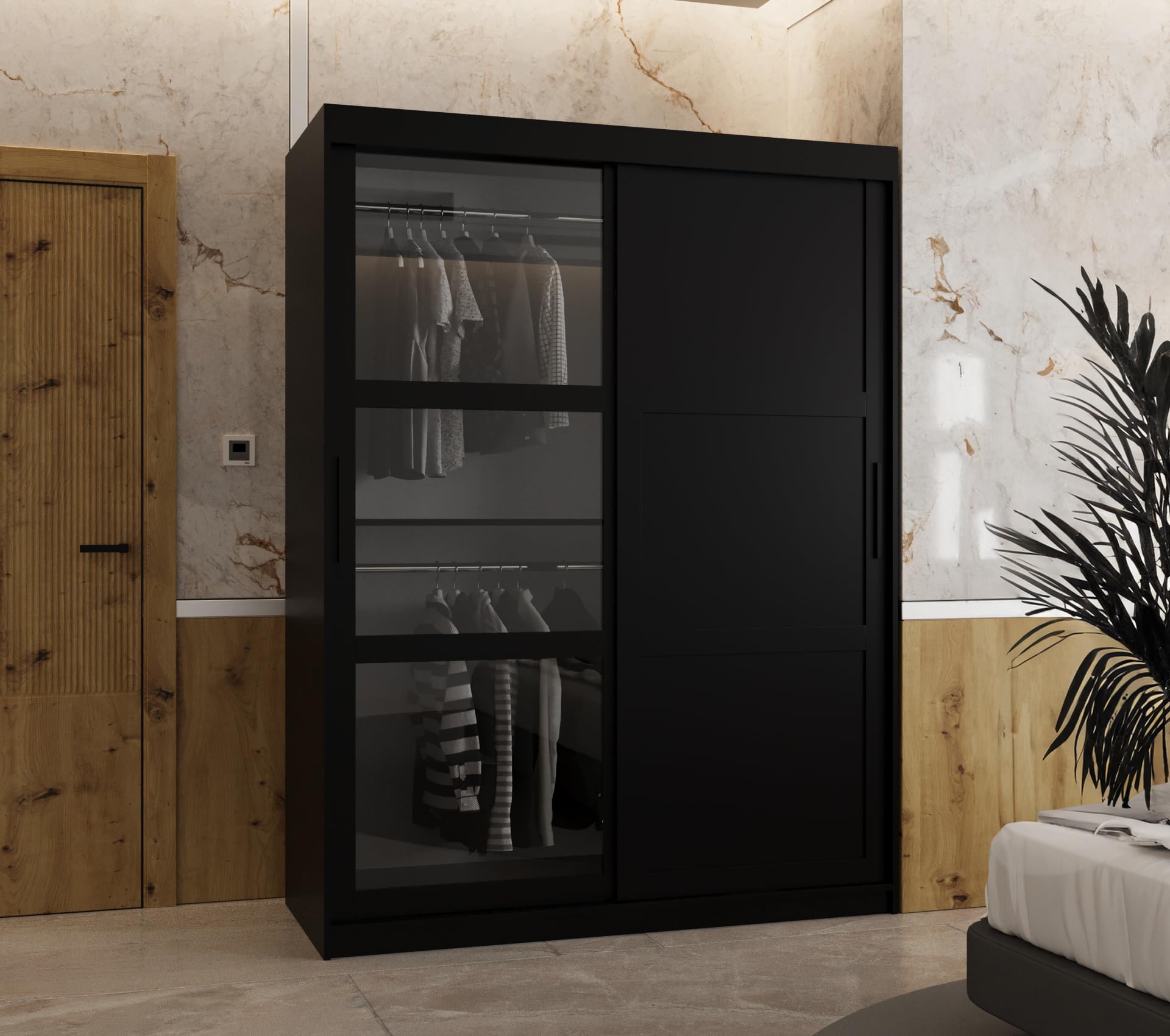 ABIKSMEBLE DOME 3 Guardaroba con Due Ante Scorrevoli, Barre e Ripiani - Armadio Portaoggetti con Vetro Fumé per Camera da Letto, Soggiorno - 200x150x62 cm - Nero, Nero, Nero